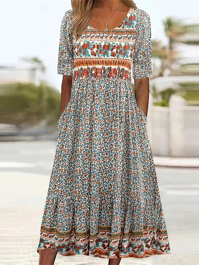 Women's Floral Round Neck Casual Dress - Olytrend