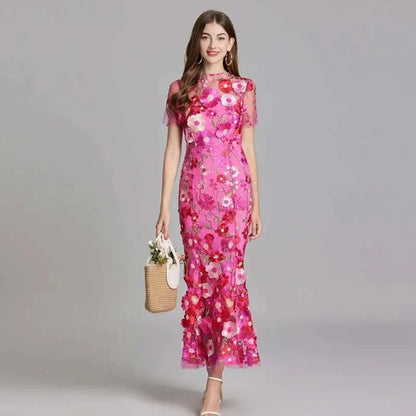 Beautiful Floral Lace Evening Gown Dress - Olytrend