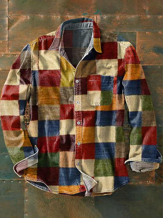 Vintage Long Sleeve Shirt | In Colorful Patchwork For Men