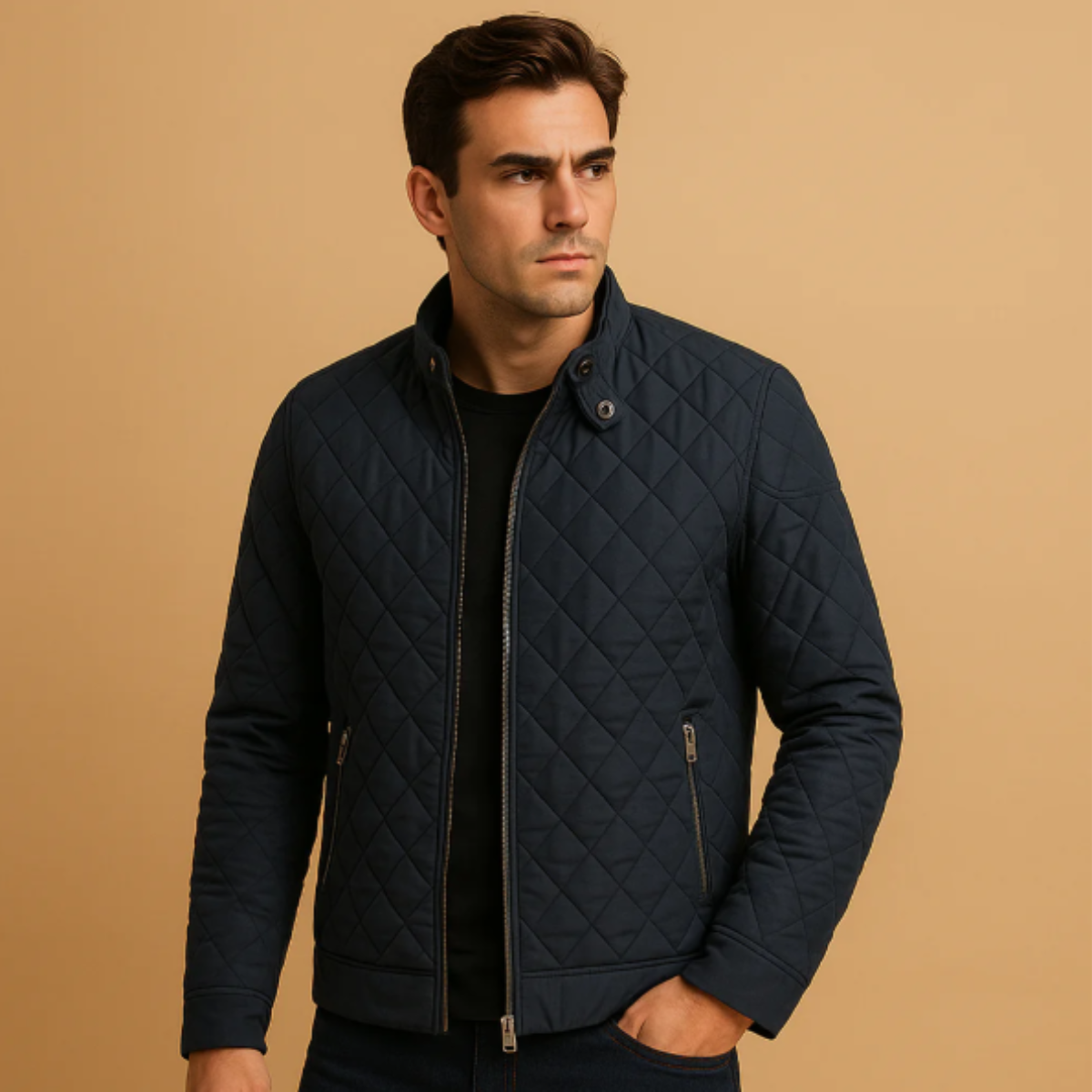Waterproof Men's Quilted Jacket with Zipper Pockets
