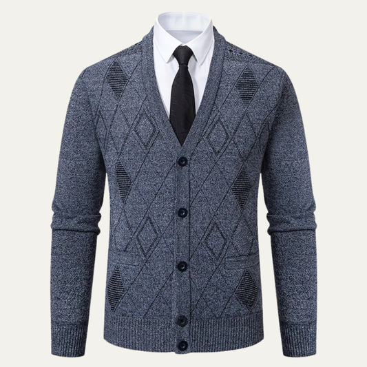 Warm Plaid V Neck Men's Fleece Cardigan Sweater - Nocini