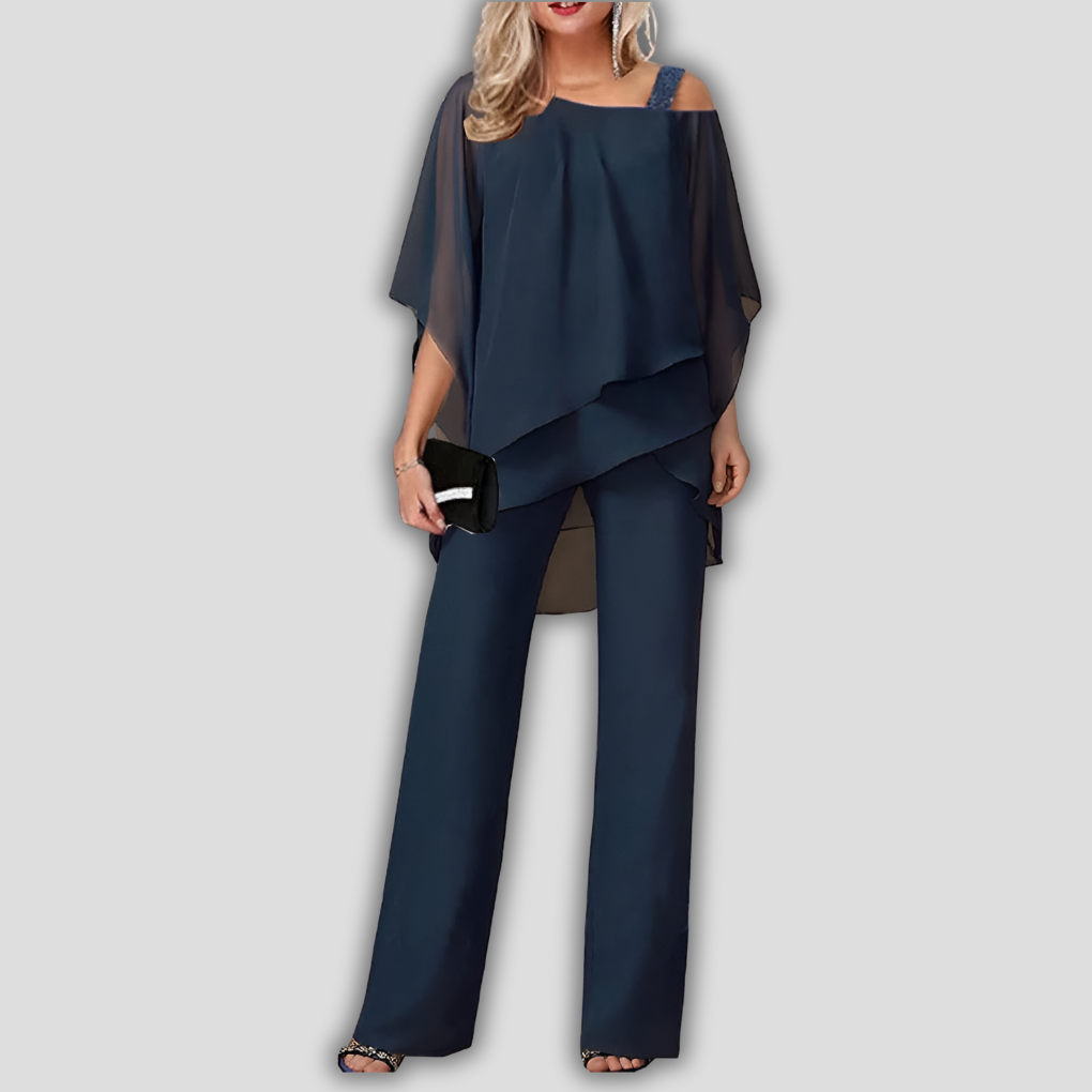 Chic 2 Piece Flowy Pantsuit with Ruffled Cape Top - Olytrend
