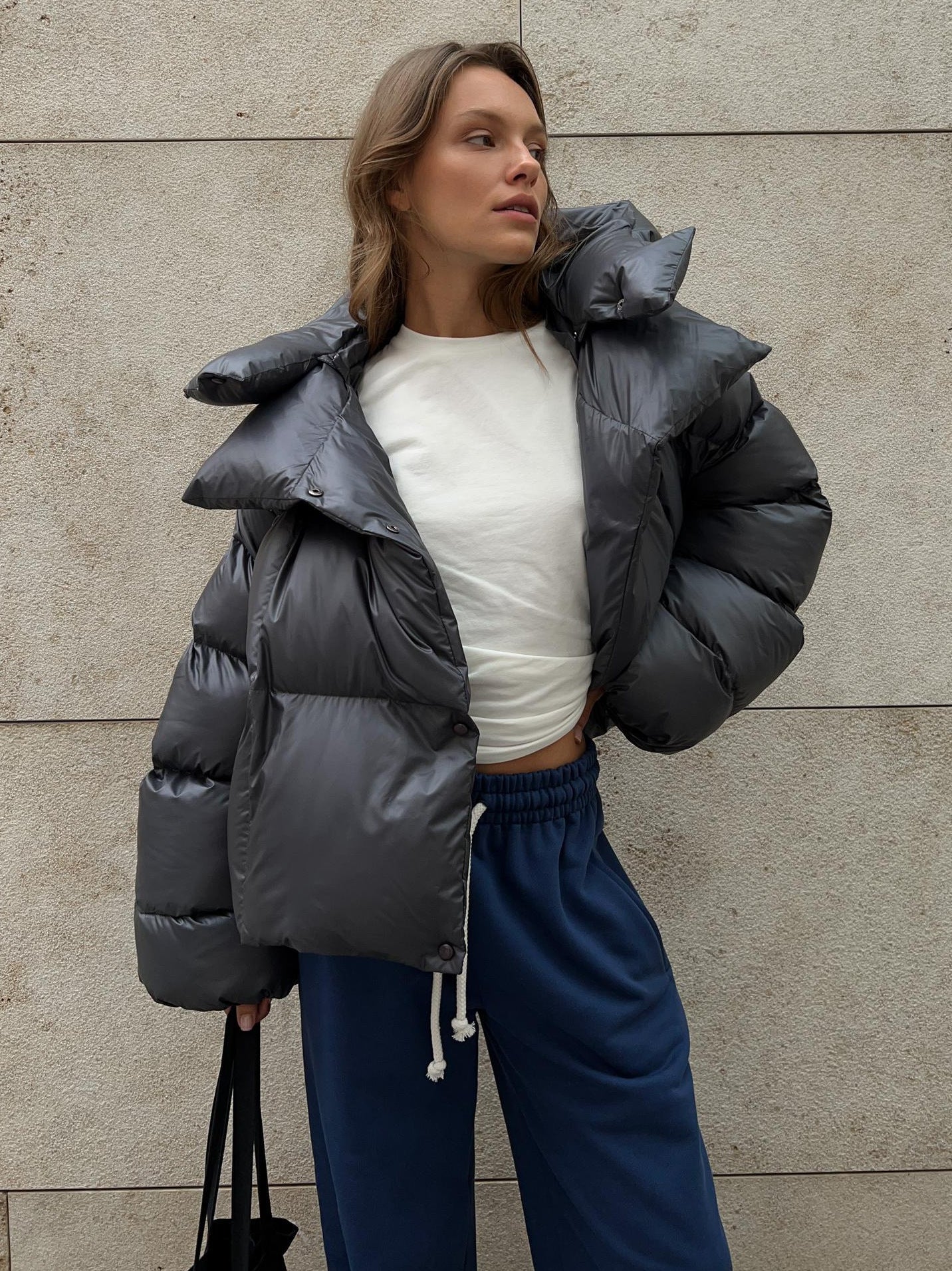 Winter quilted jacket with a large hood