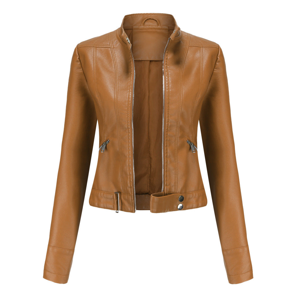 Women's leather jacket with zipper, stand-up collar, and belt