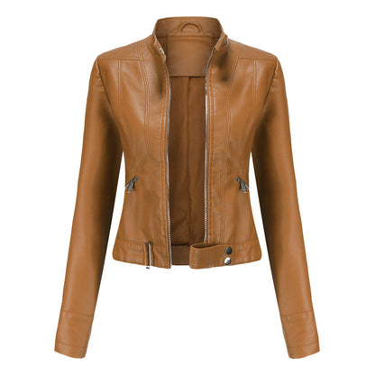 Women's leather jacket with zipper, stand-up collar, and belt