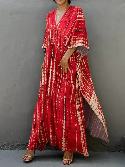 Caftan dress for women - loose fit - V-neck Tie-Dye bohemian style