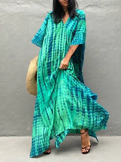 Caftan dress for women - loose fit - V-neck Tie-Dye bohemian style