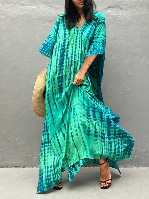 Caftan dress for women - loose fit - V-neck Tie-Dye bohemian style