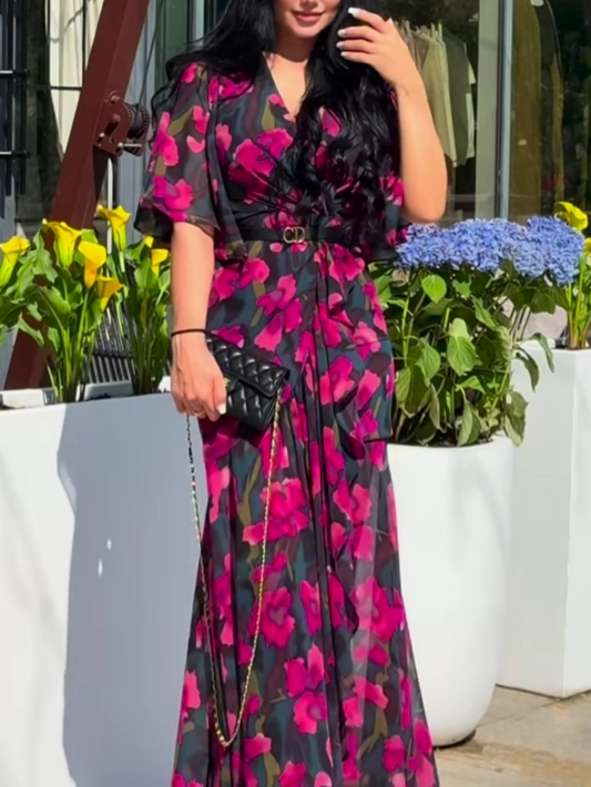 Vintage Chic V Neck Floral Dress - Olytrend