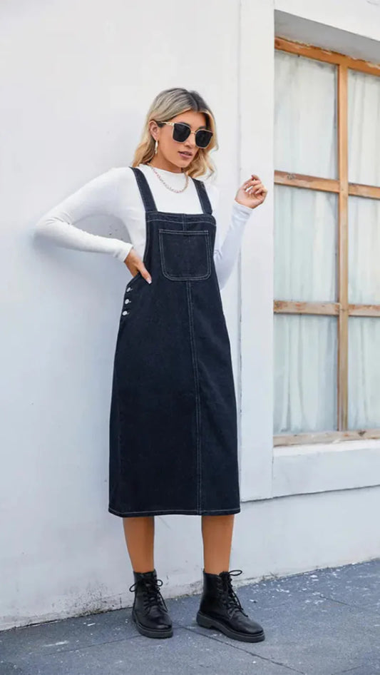 Casual Blue Jean Pinafore Dress - Olytrend