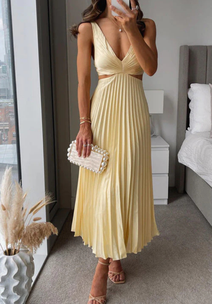 Women's Pleated Dress with Waist Cutout | Maxi