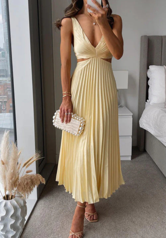 Women's Pleated Dress with Waist Cutout | Maxi