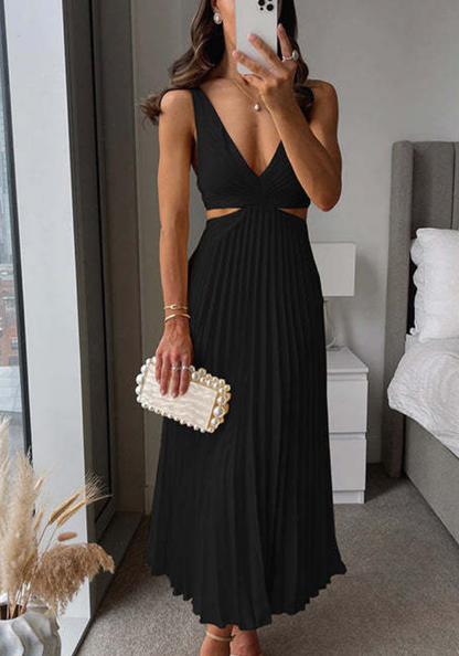 Women's Pleated Dress with Waist Cutout | Maxi
