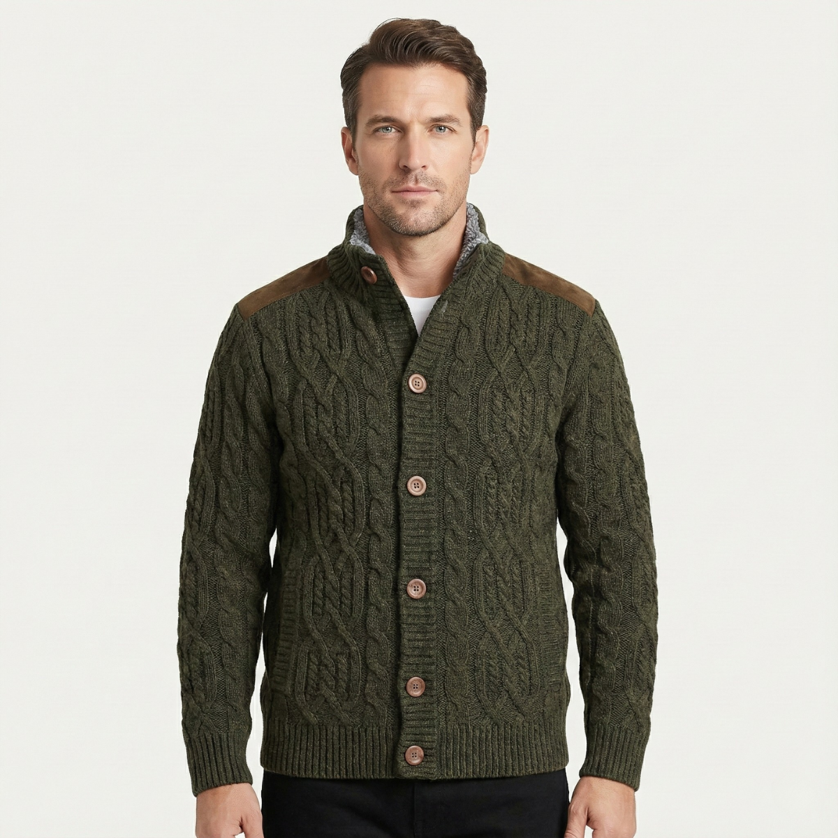 Warm Mens Wool Blend Fleece Lined Cardigan