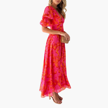 Beautiful Long Dress for Women - V Neck & Puffy Sleeves