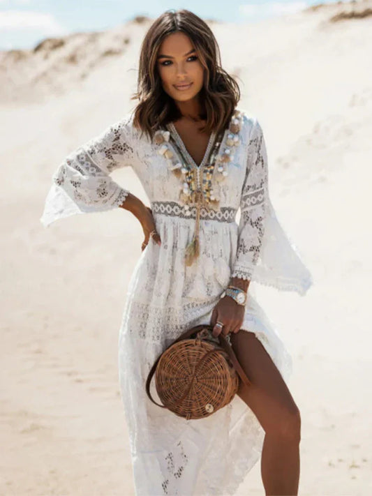 Chic Flowy Dress with Lace and Bell Sleeves - Olytrend