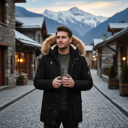 Warm Men's Down Parka Jacket with Faux Fur Hood