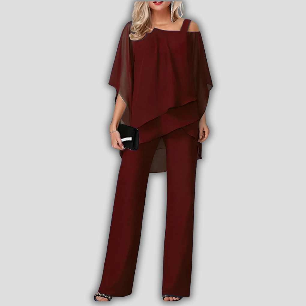 Chic 2 Piece Flowy Pantsuit with Ruffled Cape Top