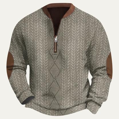 Warm Mens Cable Knit Half Zip Sweater with Patches