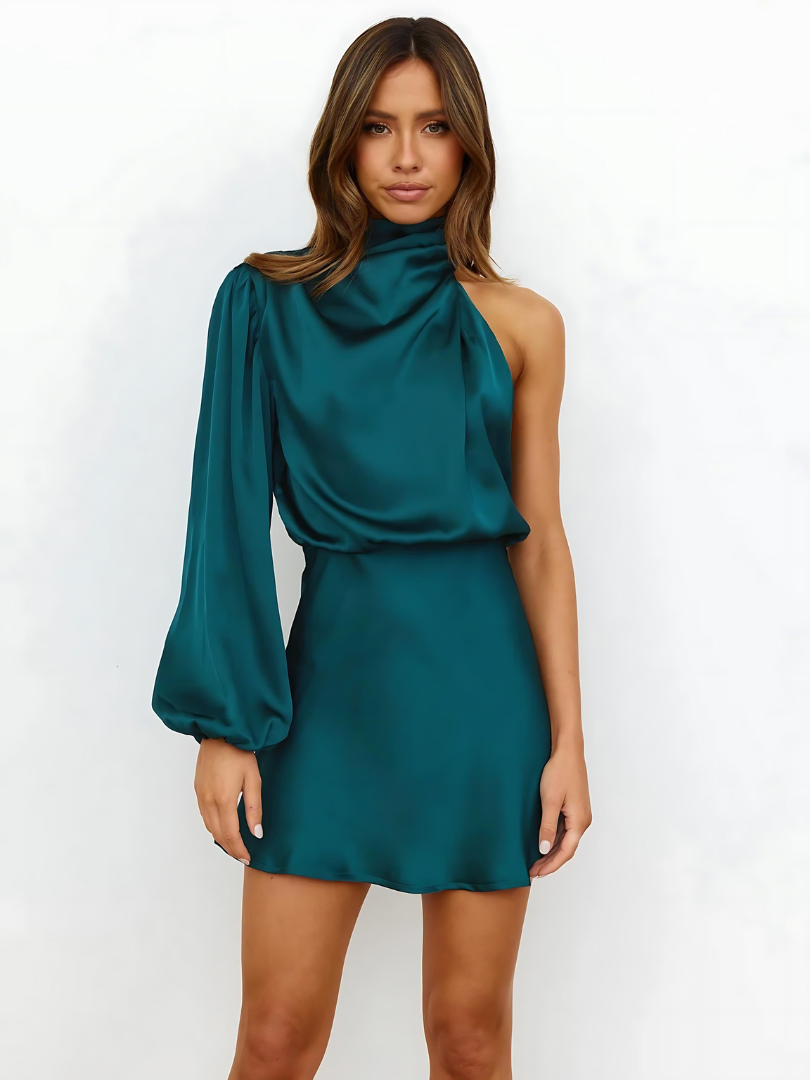Short Satin Dress with One Sleeve and Mandarin Collar for Women