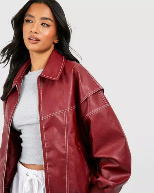 Women's stylish Khalil leather bomber jacket