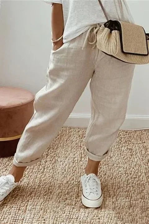 Yaron - Solid Pants with Slanted Pockets and Drawstring Waistband