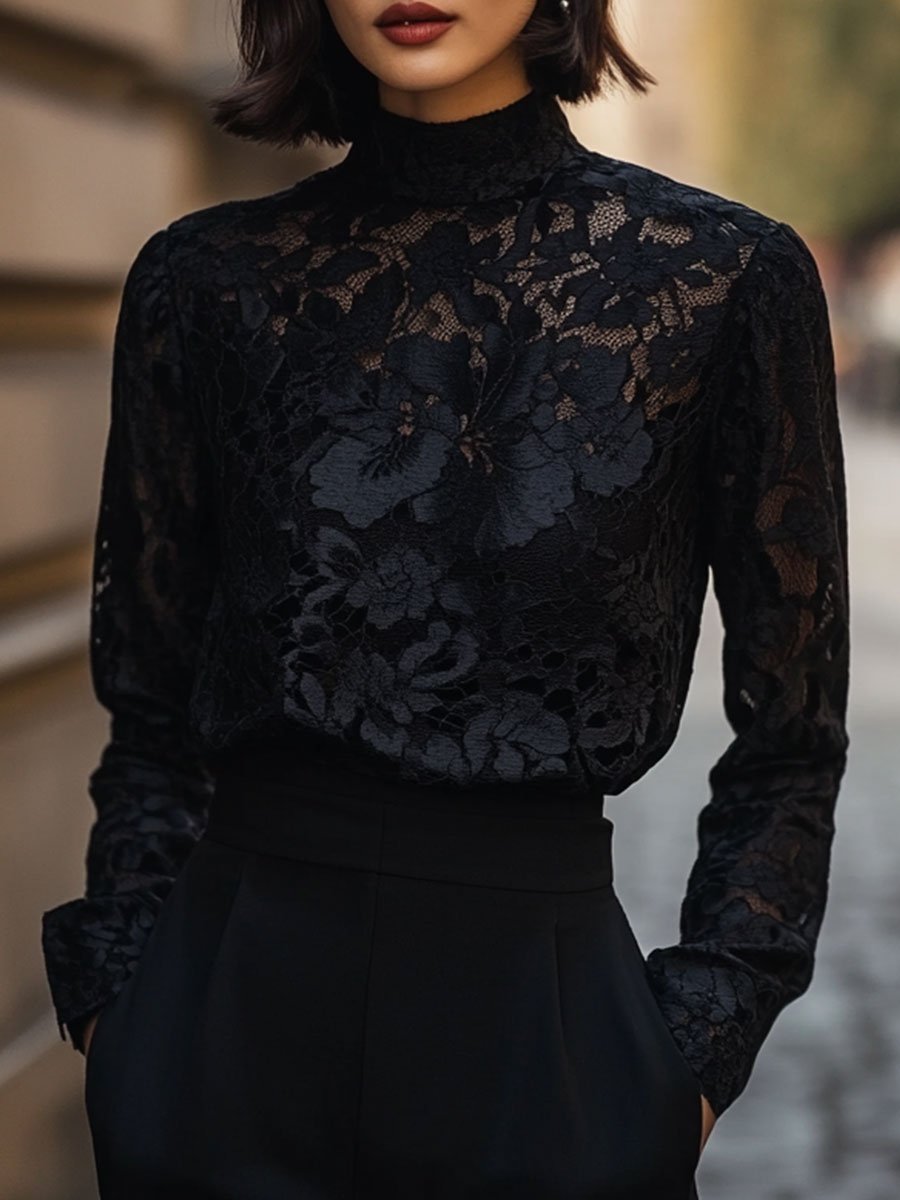 Véronique | Elegant Floral Semi-Transparent Blouse with High Collar