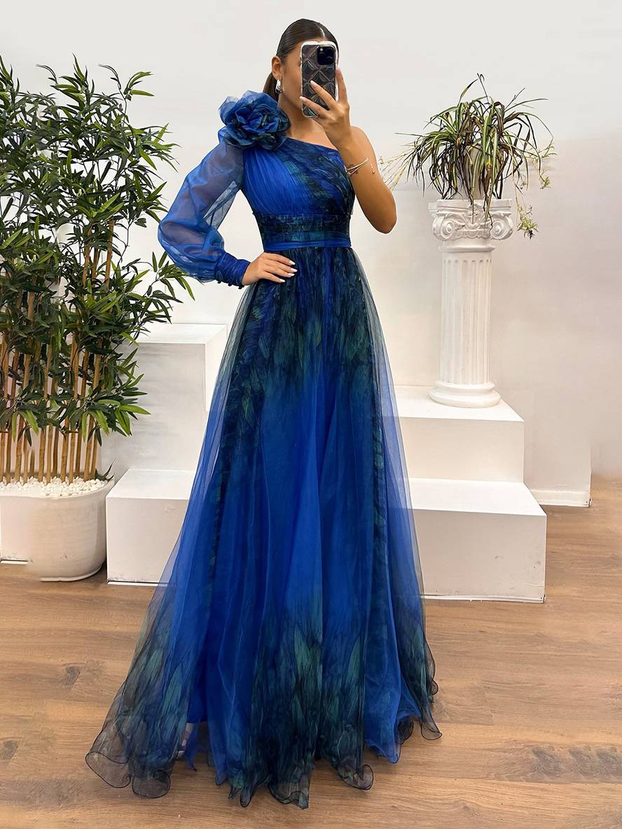 Adeline | Long Printed Dress With Split Tulle Flowers – Elegance And Refinement