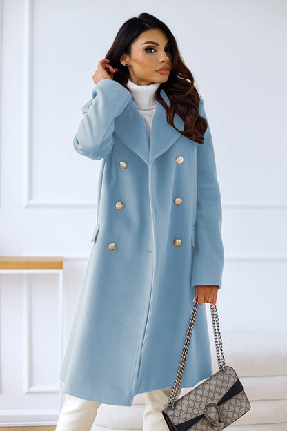 Women's Double-Breasted Long Coat with Gold Button Accents