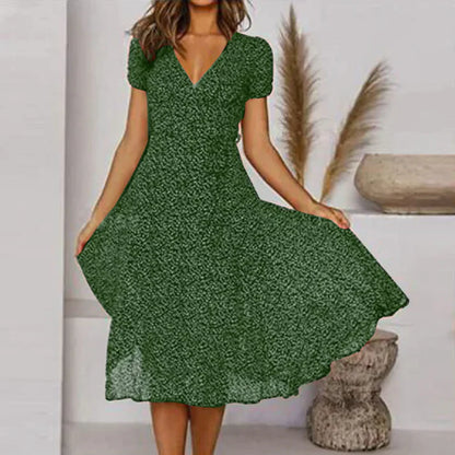 A-line swing dress, V-neck and swing hemline