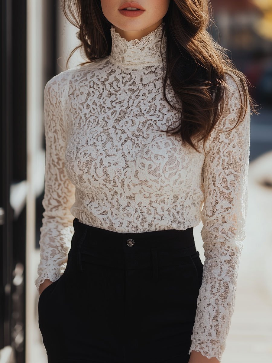 Véronique | Elegant Floral Semi-Transparent Blouse with High Collar