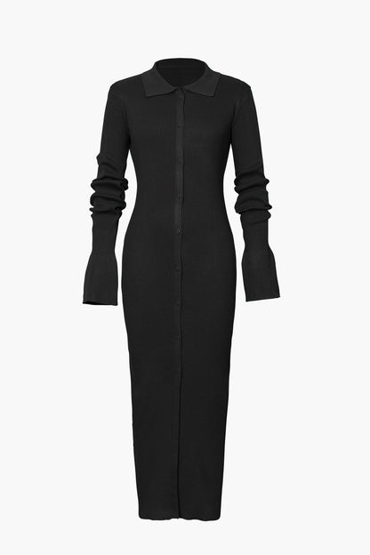Women's long-sleeve dress with rib knit | Maxi