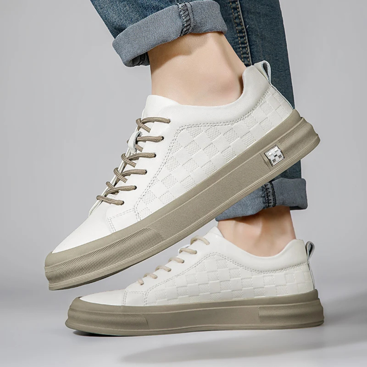Casual Checkerboard Low Top Beige Sneakers for Men