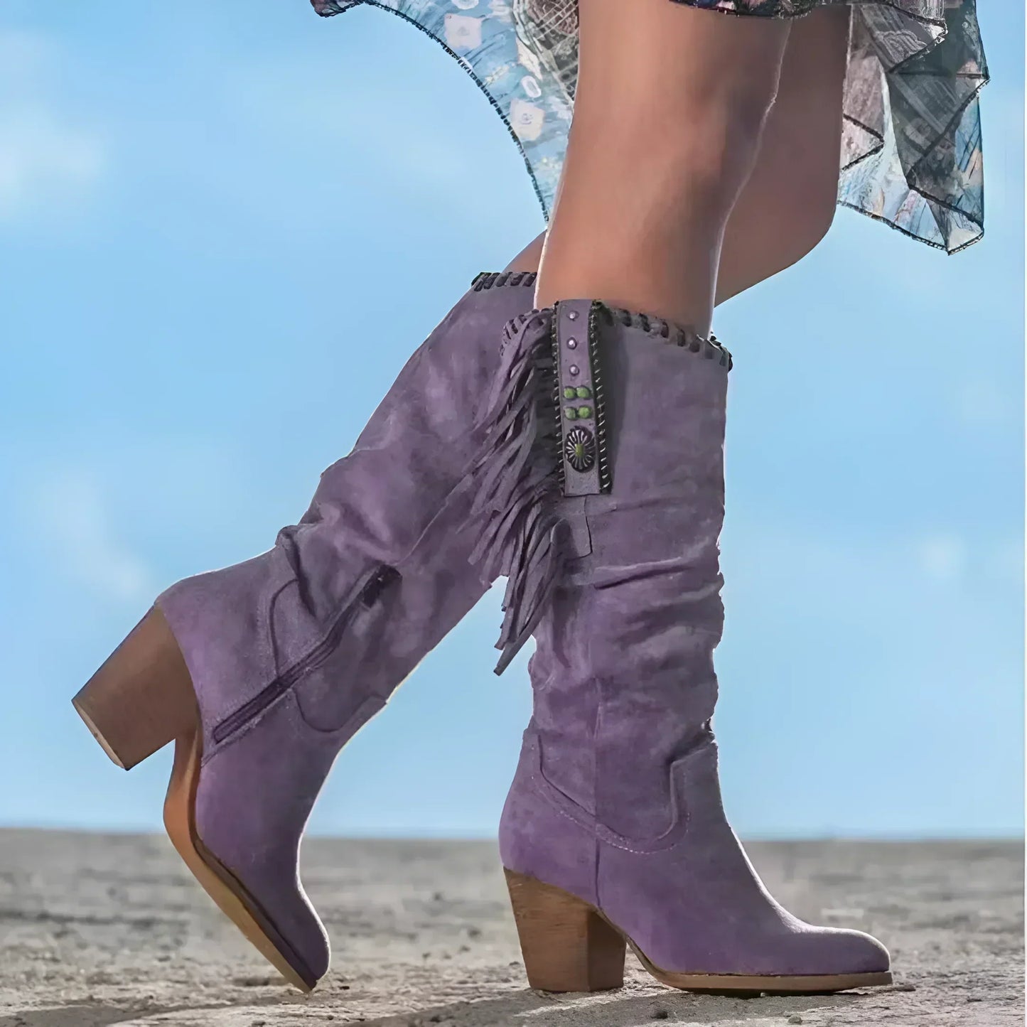 Arizona – Turquoise women's cowboy boots with fringes and ethnic decorations