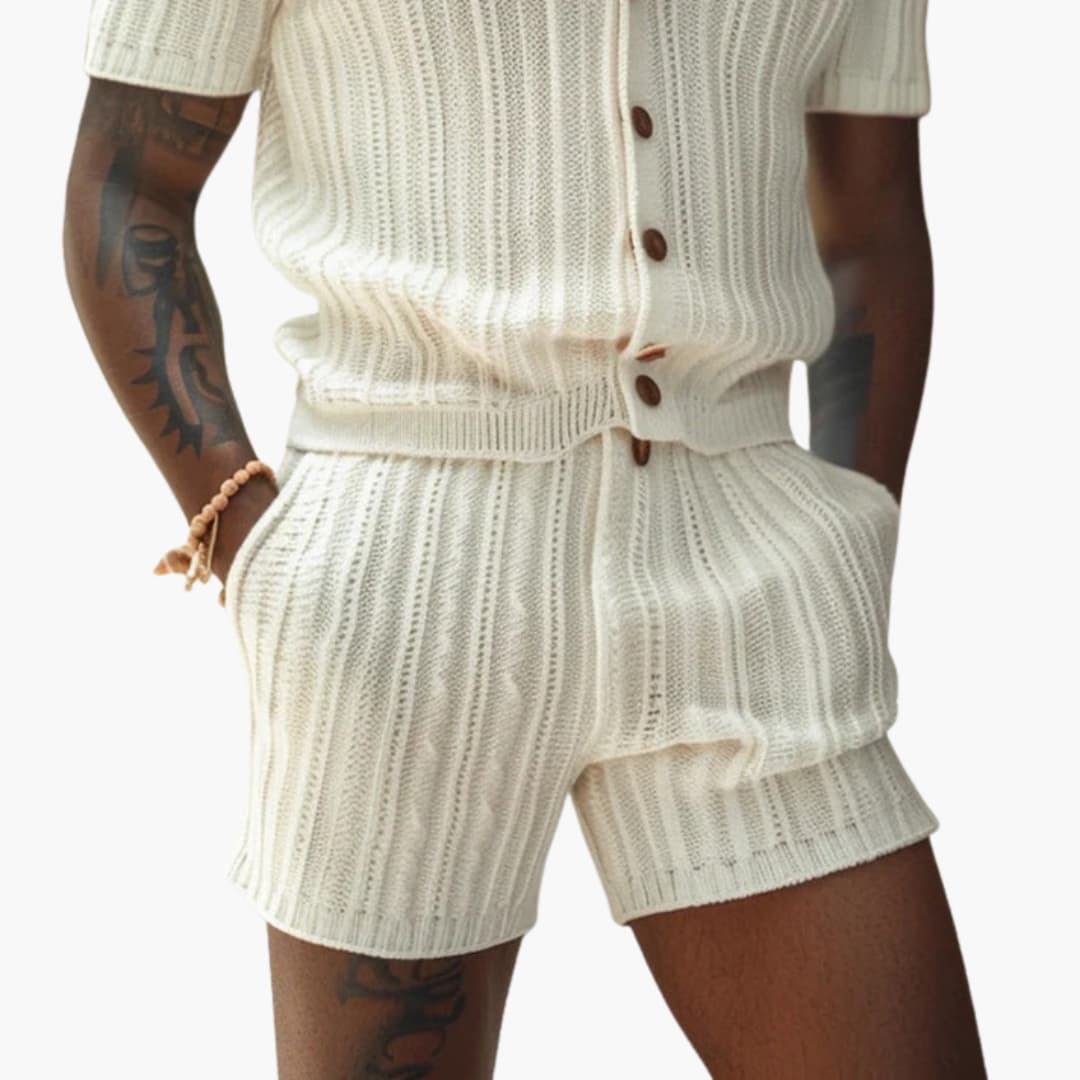 Breathable Knit Polo Shirt and Shorts Set for Men