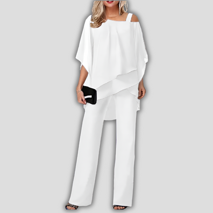 Chic 2 Piece Flowy Pantsuit with Ruffled Cape Top