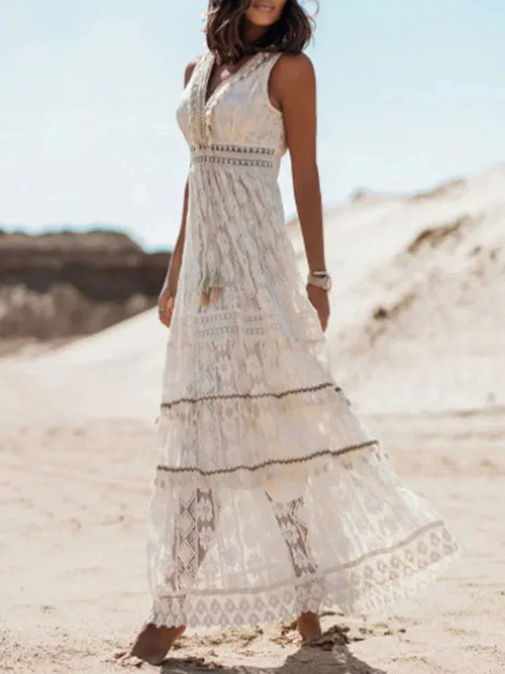 Chic Flowy Dress with Lace and Bell Sleeves