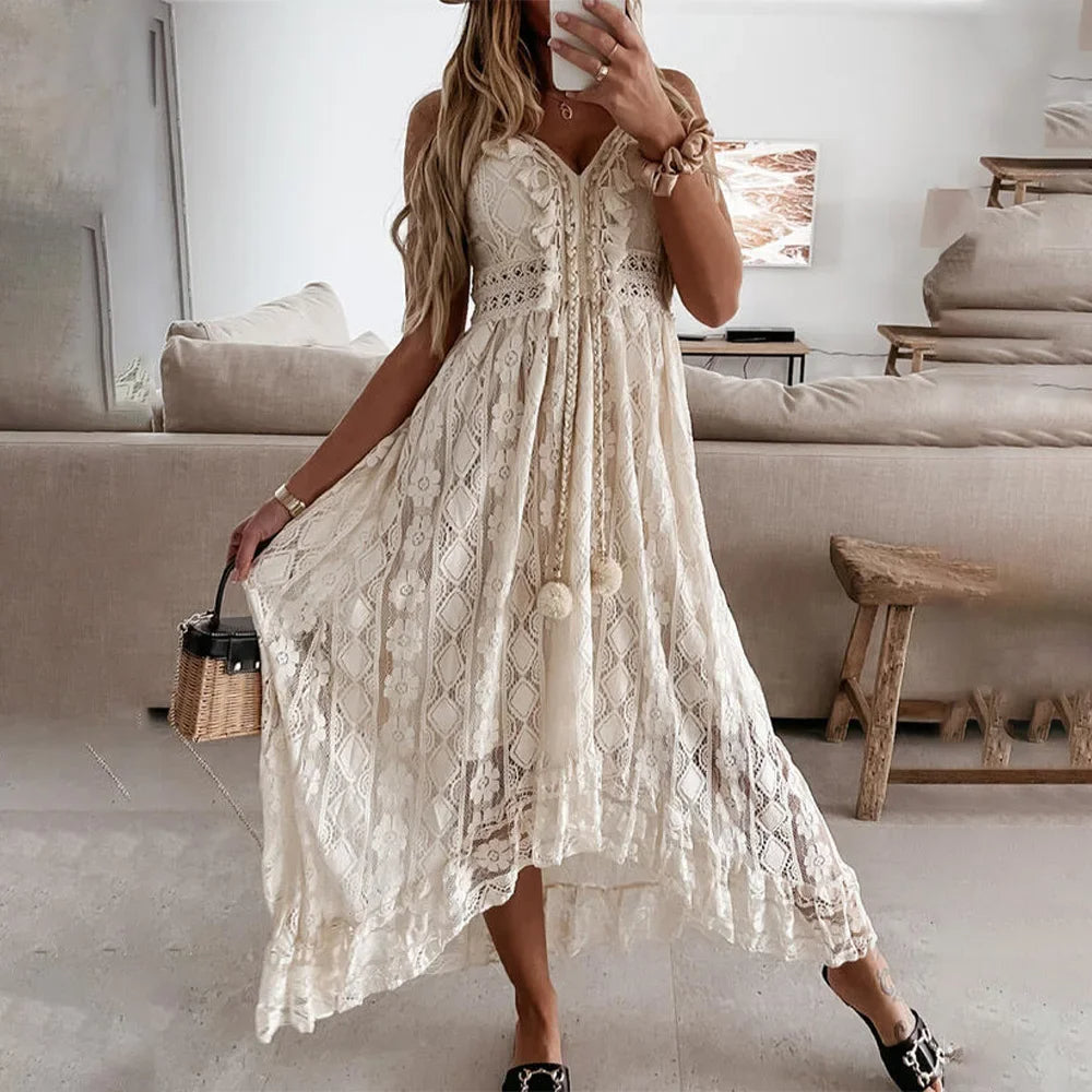Boho Chic Tassel Trim Lace Dress