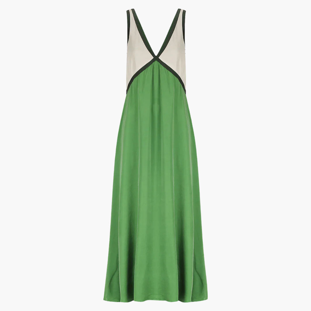 Casual V Neck Long Dress for Women Colorblock Style