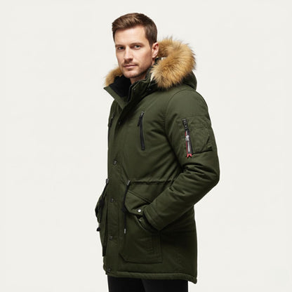 Warm Men's Down Parka Jacket with Faux Fur Hood