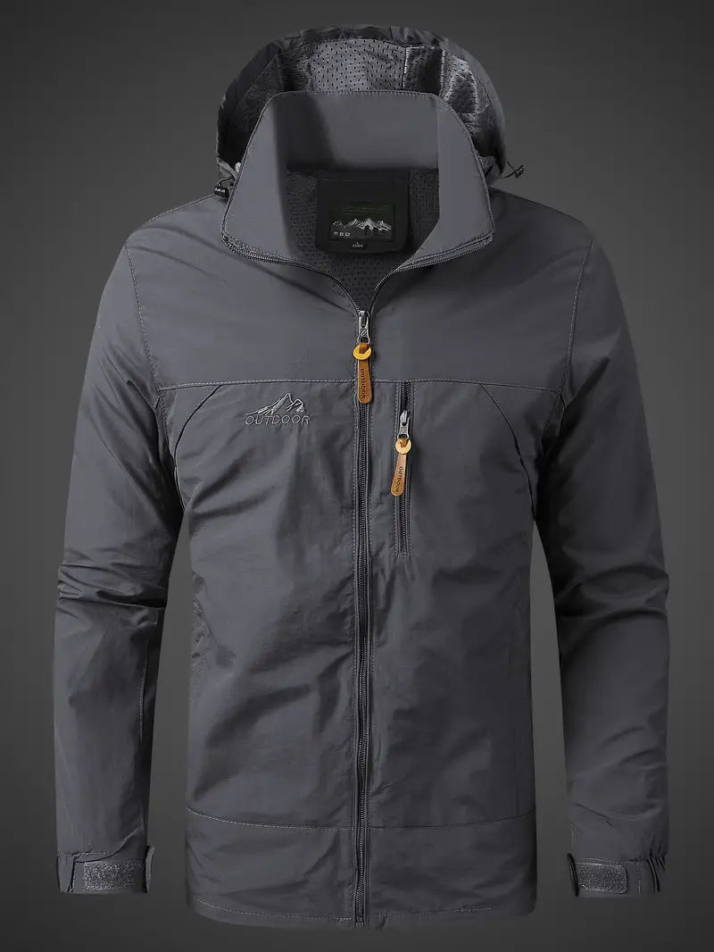 Waterproof rain jacket for men with hood and zippered pockets for outdoor use