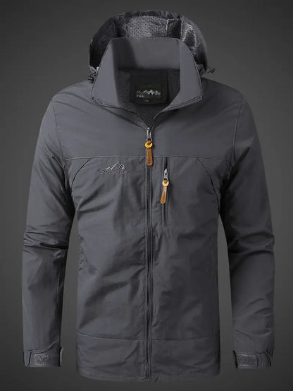 Waterproof rain jacket for men with hood and zippered pockets for outdoor use