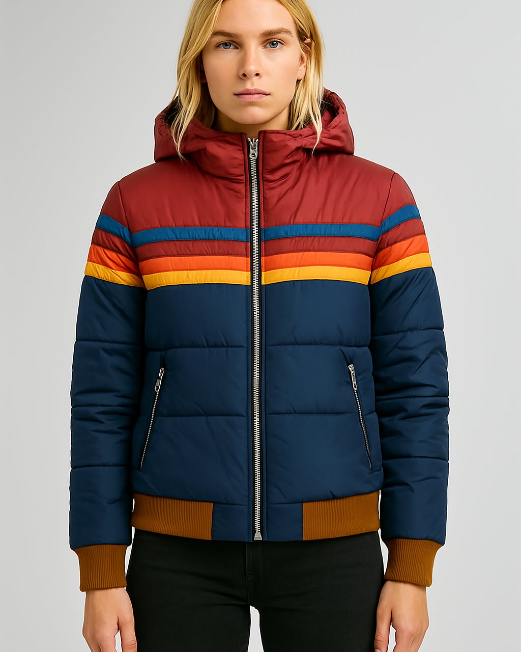 Women’s Waterproof Puffer Jacket – Colorblock Hooded Winter Coat