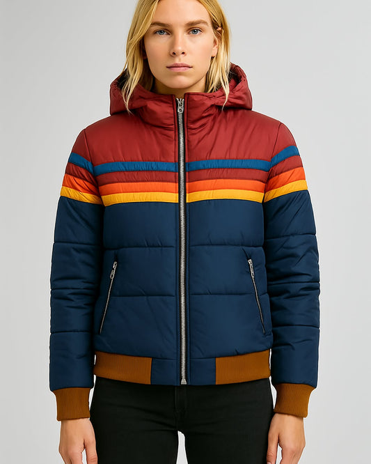 Women’s Waterproof Puffer Jacket – Colorblock Hooded Winter Coat