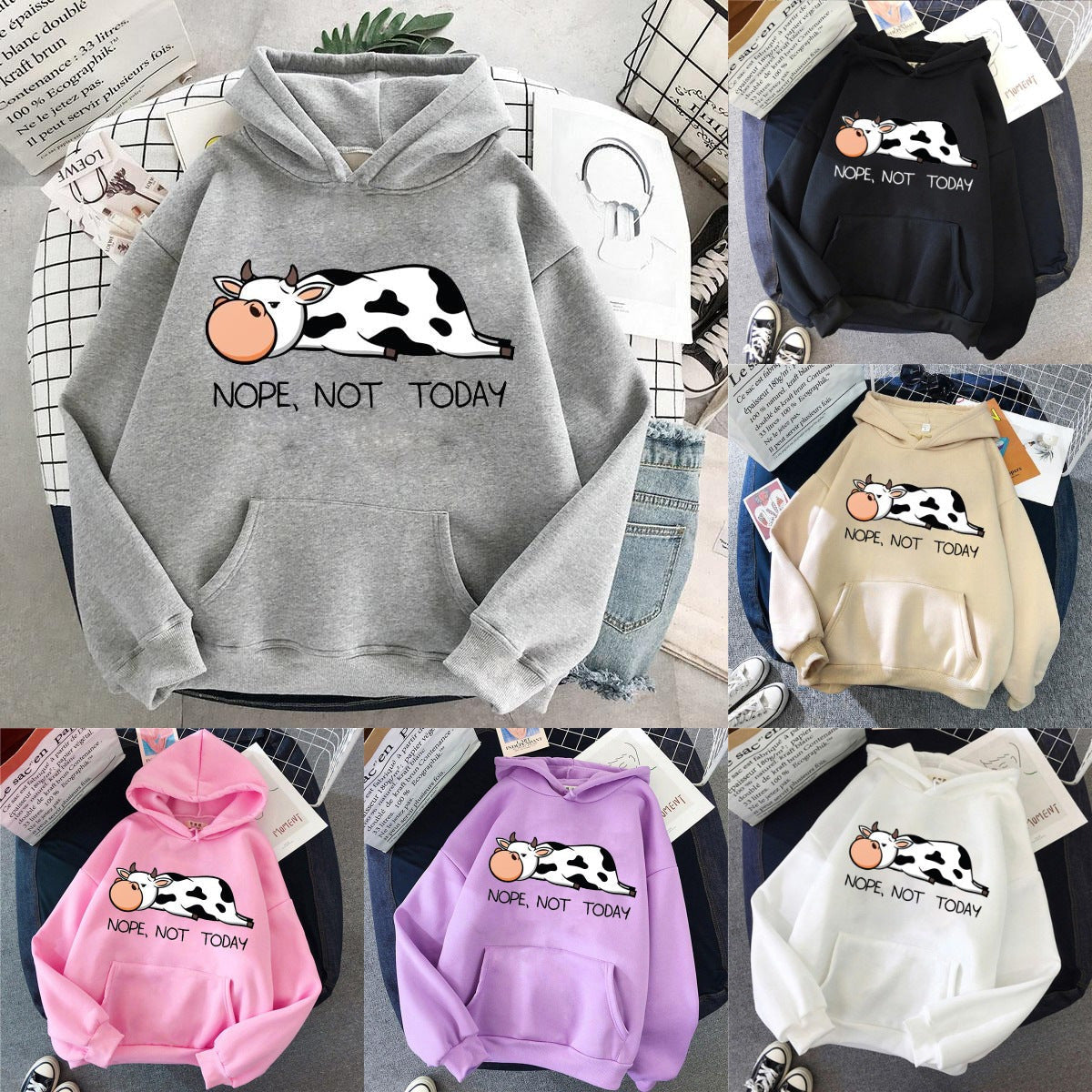 Women's hoodie with cute cow and print - Nope Not Today