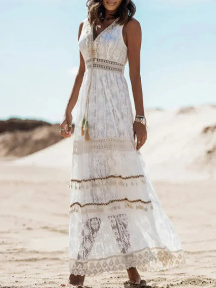 Chic Flowy Dress with Lace and Bell Sleeves