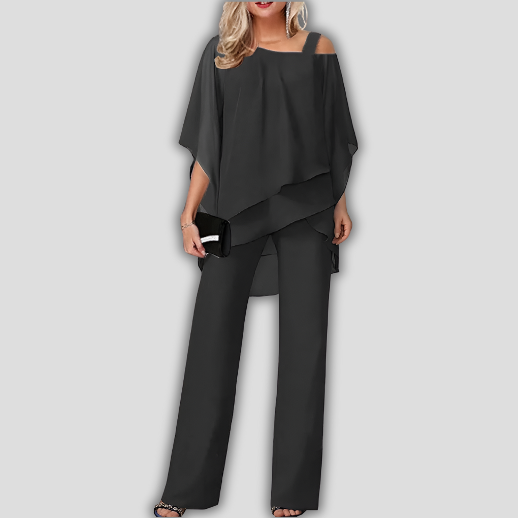 Chic 2 Piece Ruffled Pantsuit with Flowy Cape Top