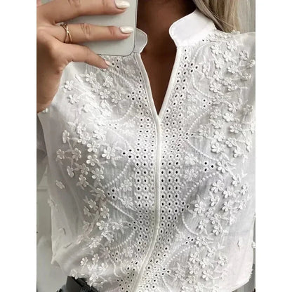 Casual V Neck Embroidered White Top
