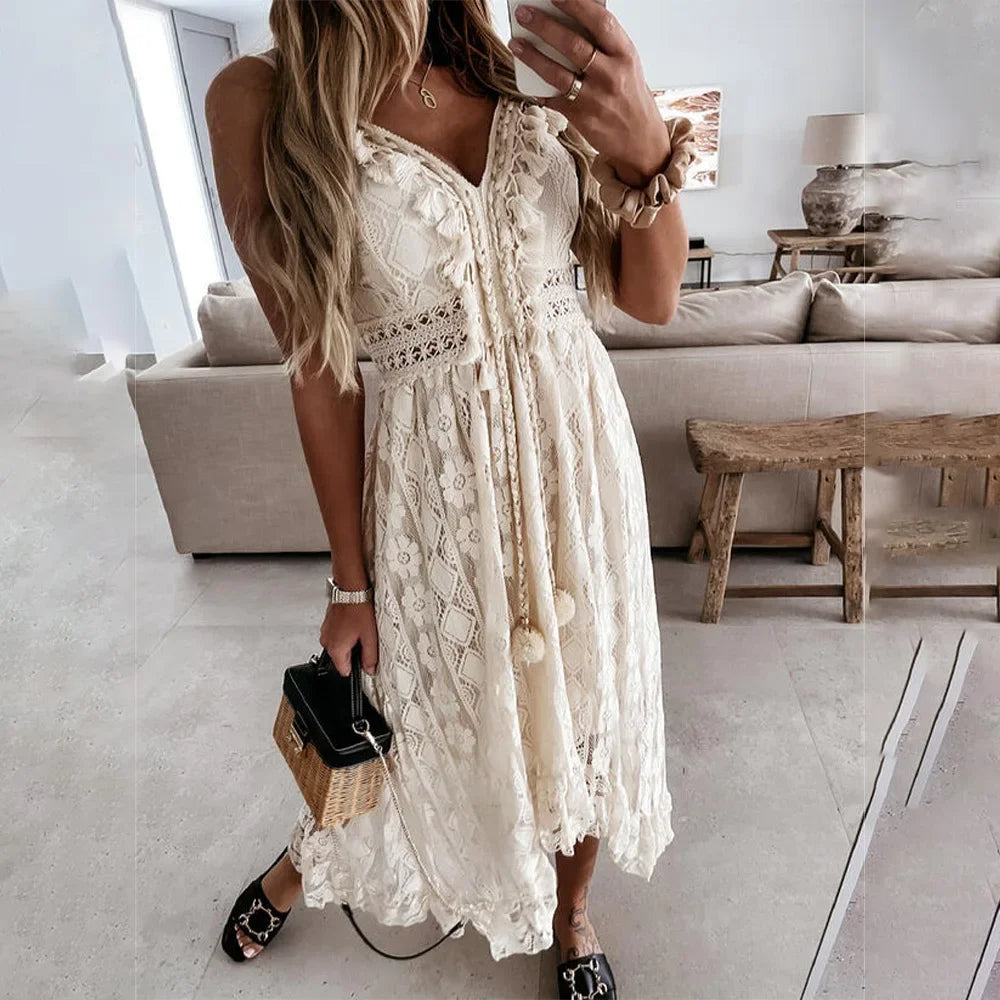 Boho Chic Tassel Trim Lace Dress - Olytrend