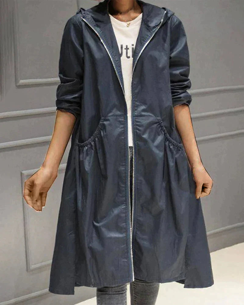 Women's Long Waterproof Weatherproof Hooded Raincoat with Zip